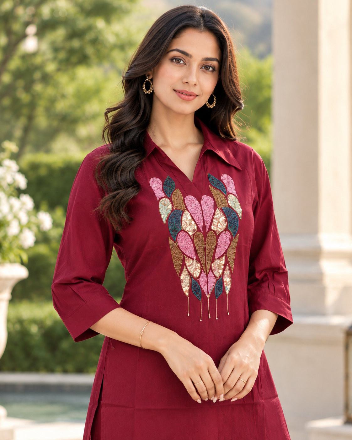 Maroon Multicoloured Embellished Roman Silk Co-ord Set