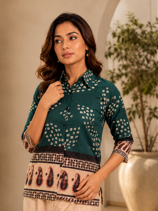 Bottle Green Indo-Western Printed Poly Crepe Co-ord Set