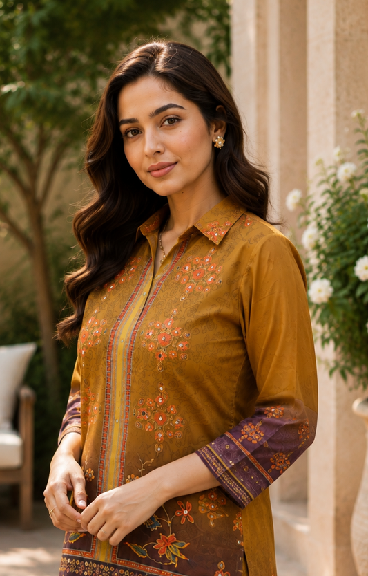 Mustard Yellow Chinon Silk Co-ord Set with Floral & Paisley Print