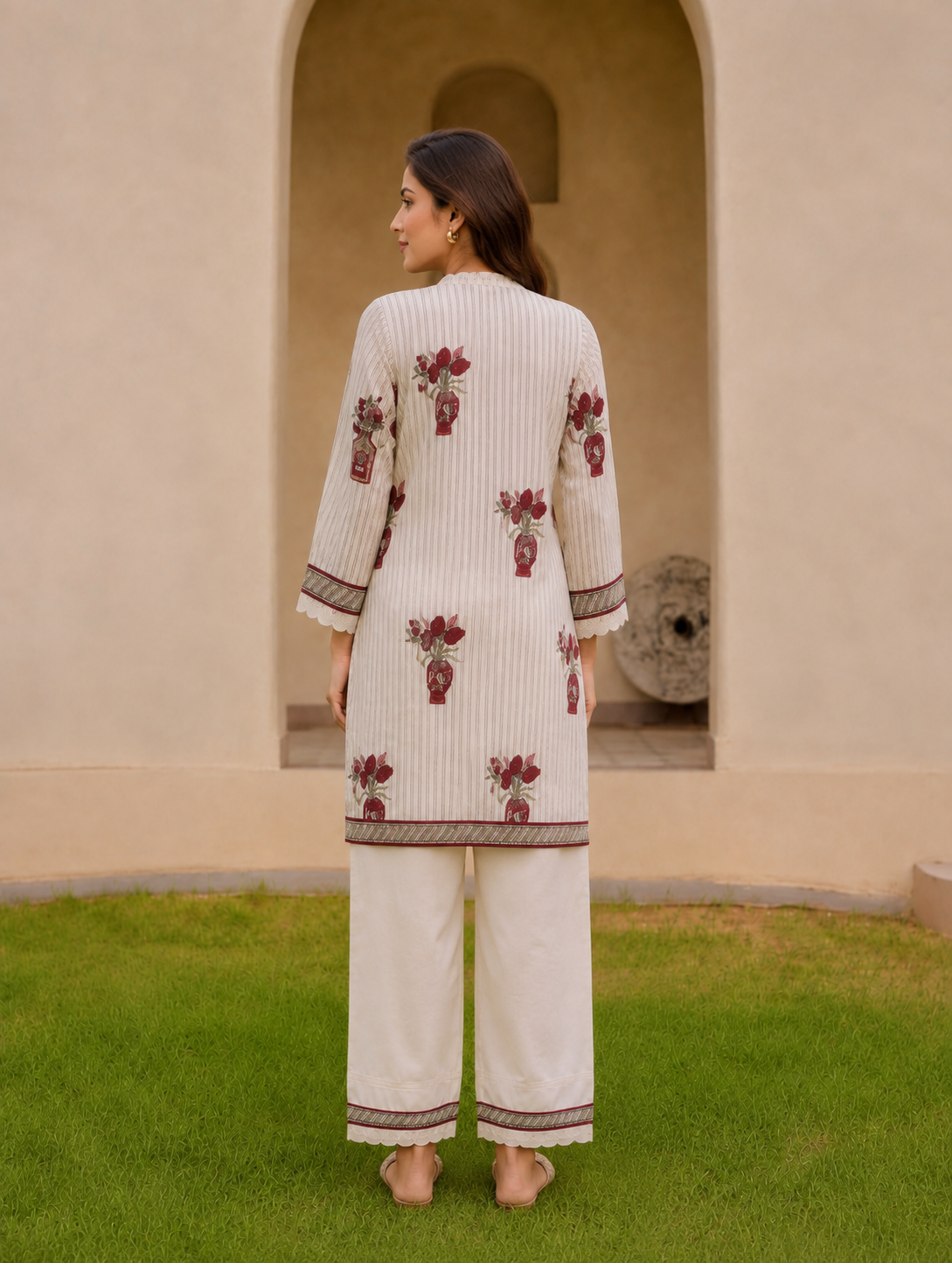 Elegant Ivory Co-ord Set with Burgundy & Olive Floral Print