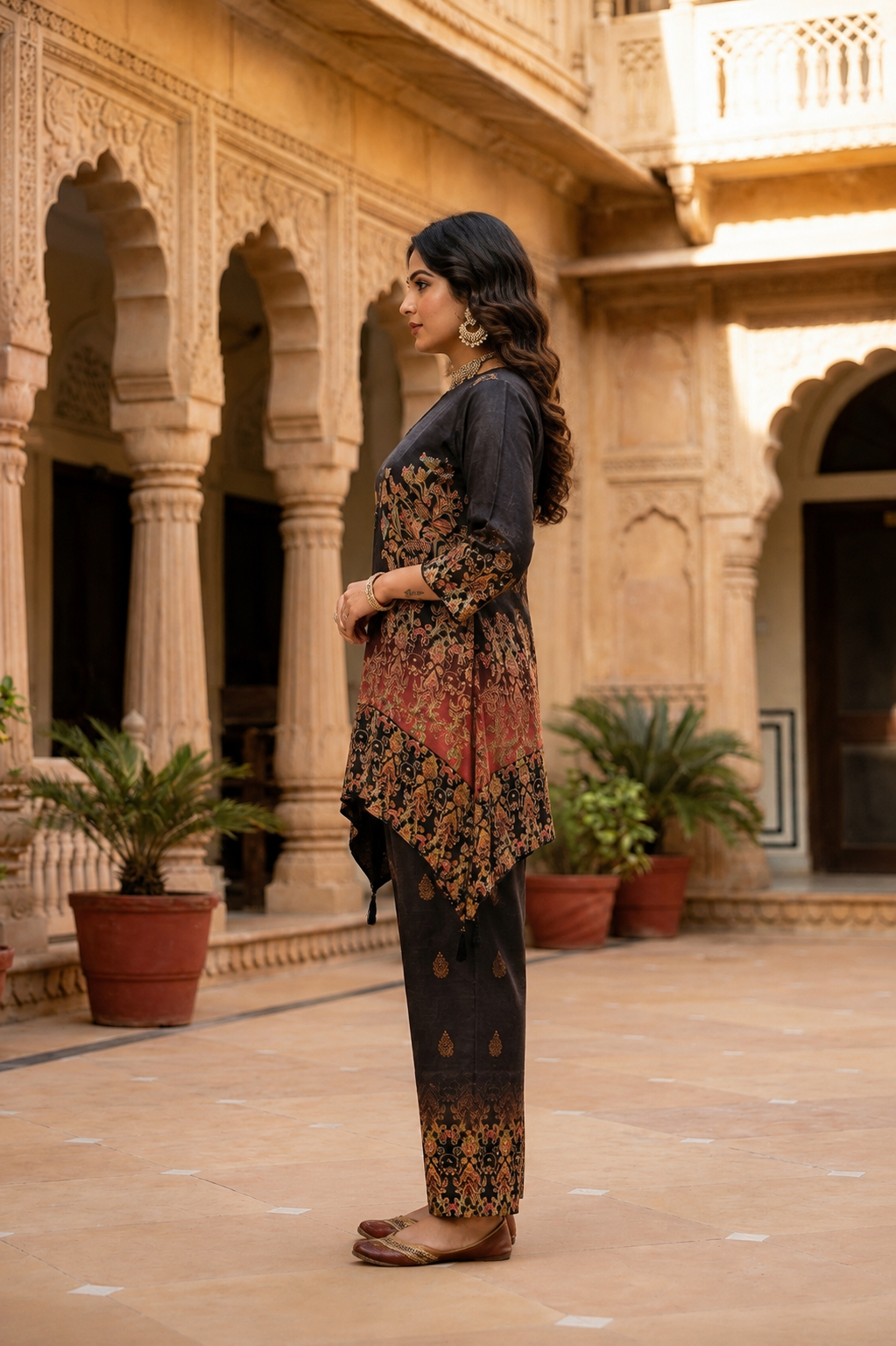 Black Mal Chanderi Cotton Co-ord Set with Maroon & Gold Floral Print