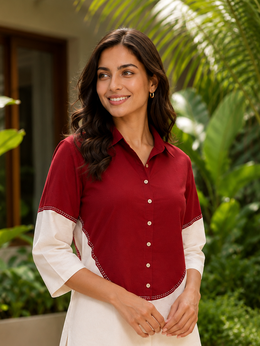 Maroon & Ivory Khadi Cotton Shirt-Style Co-ord Set
