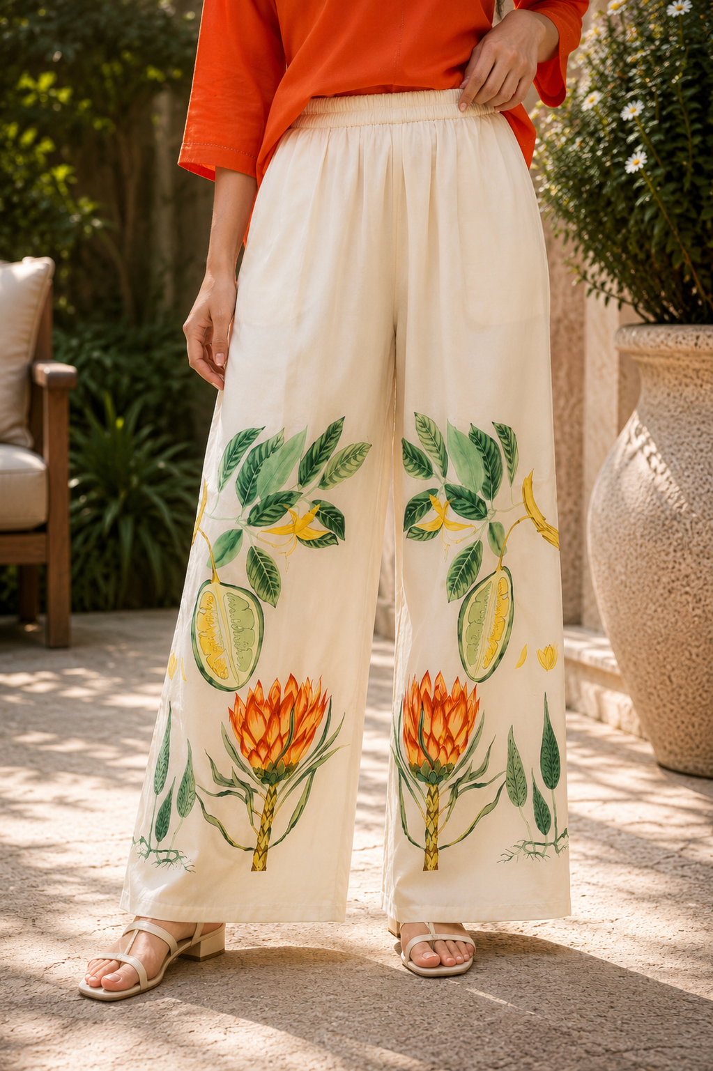 Tangerine Vertican Tunic Set with Ivory Printed Palazzo