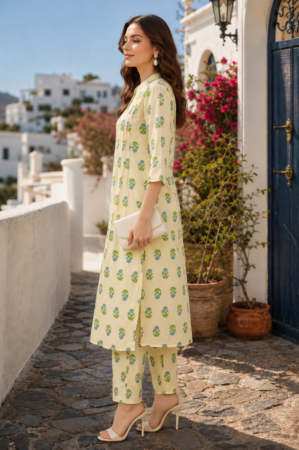 Soft Cream Natural Cotton Co-ord Set with Green & Blue Floral Print