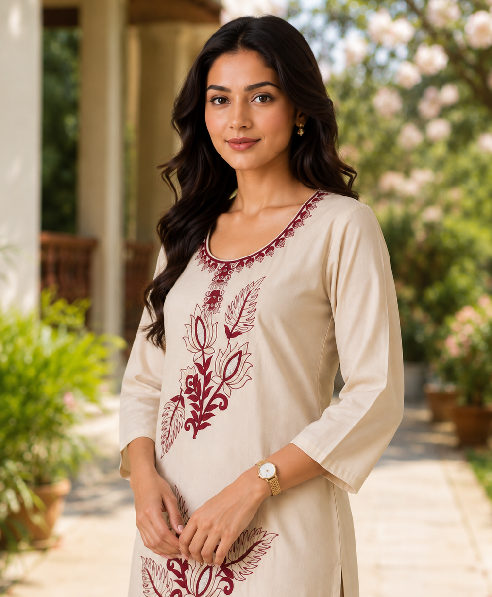 Off-White Modal Silk Co-ord Set with Maroon Floral Embroidery