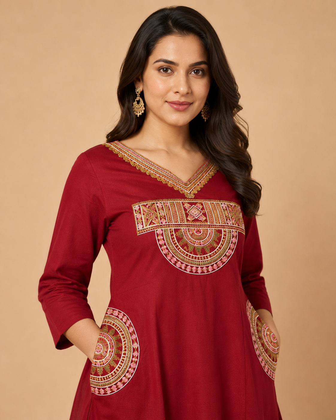Dark orange Embroidered Dabu Cotton A-Line Co-ord Set