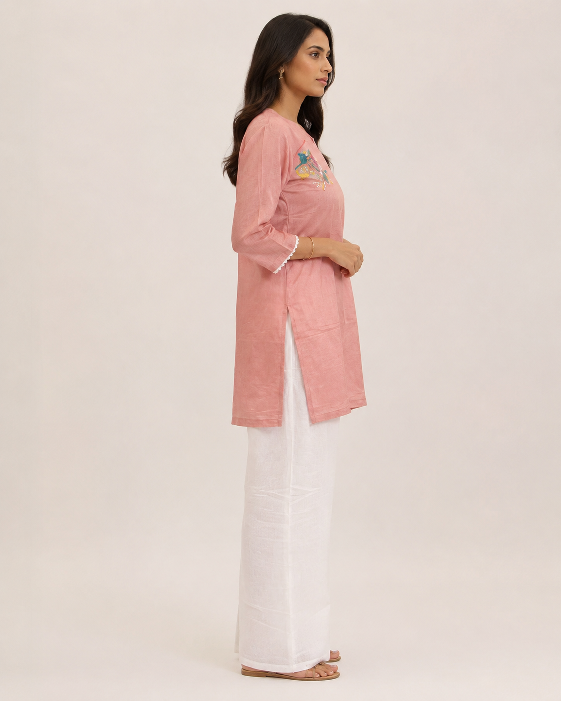 Blush Pink Floral Embroidered Mal Chanderi Kurta Palazzo Set