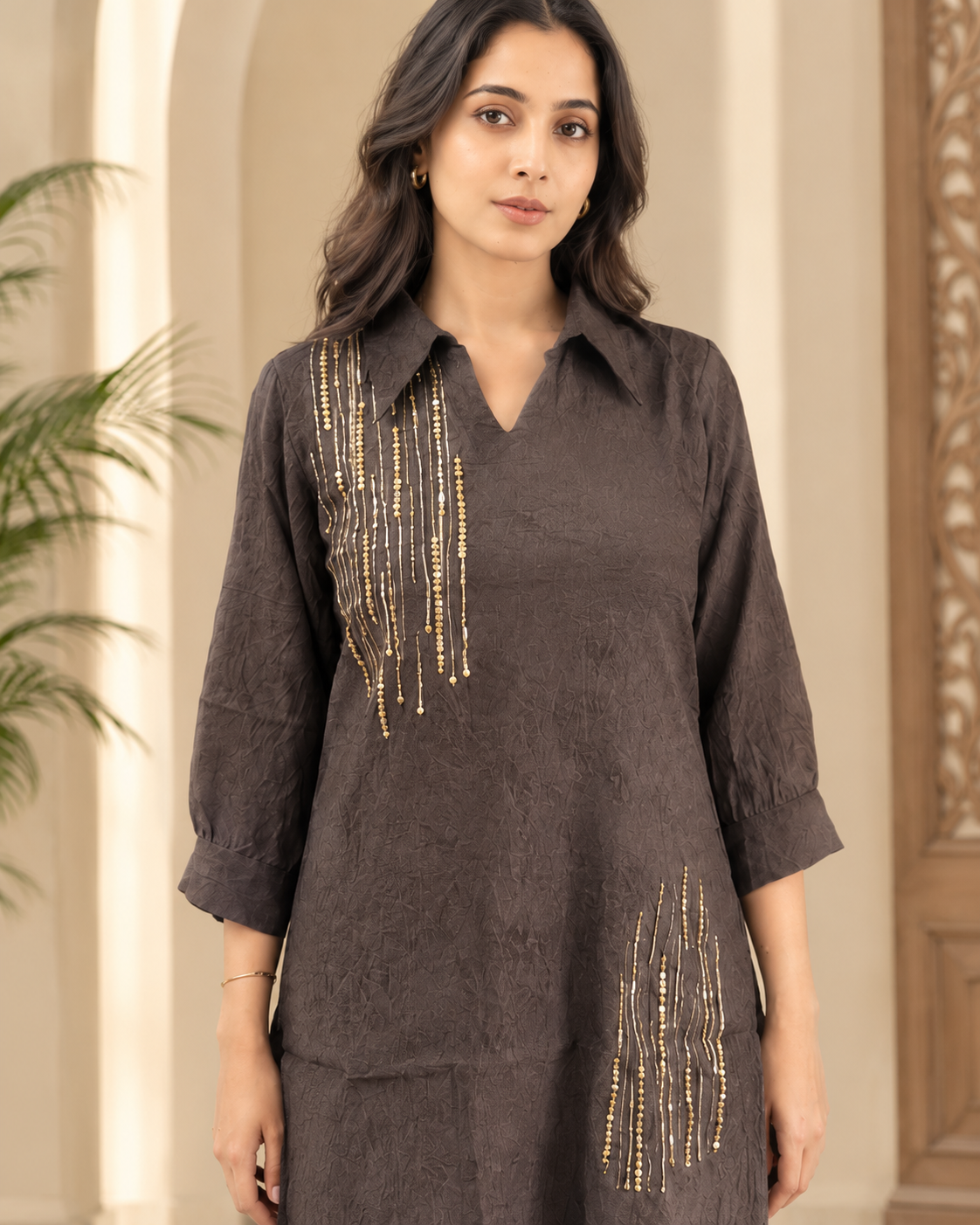 Taupe Brown Crush Tissue Co-ord Set with Gold Embellished Linear Detailing