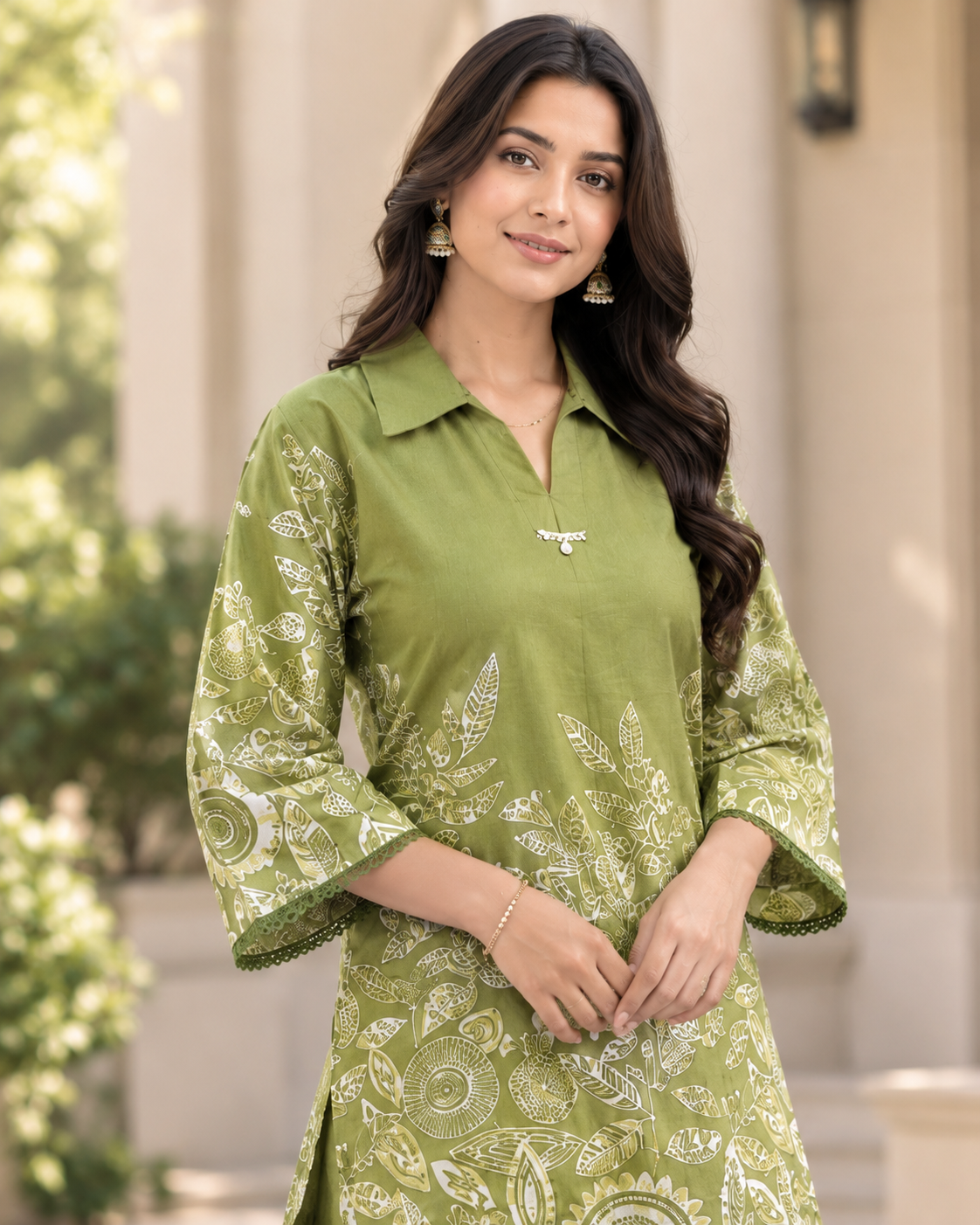 Olive Green Floral Printed Kurta Palazzo Set