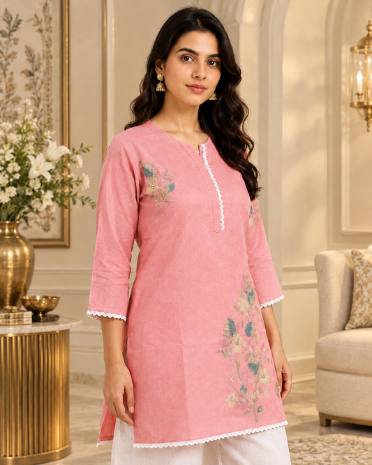 Blush Pink Floral Embroidered Mal Chanderi Kurta Palazzo Set