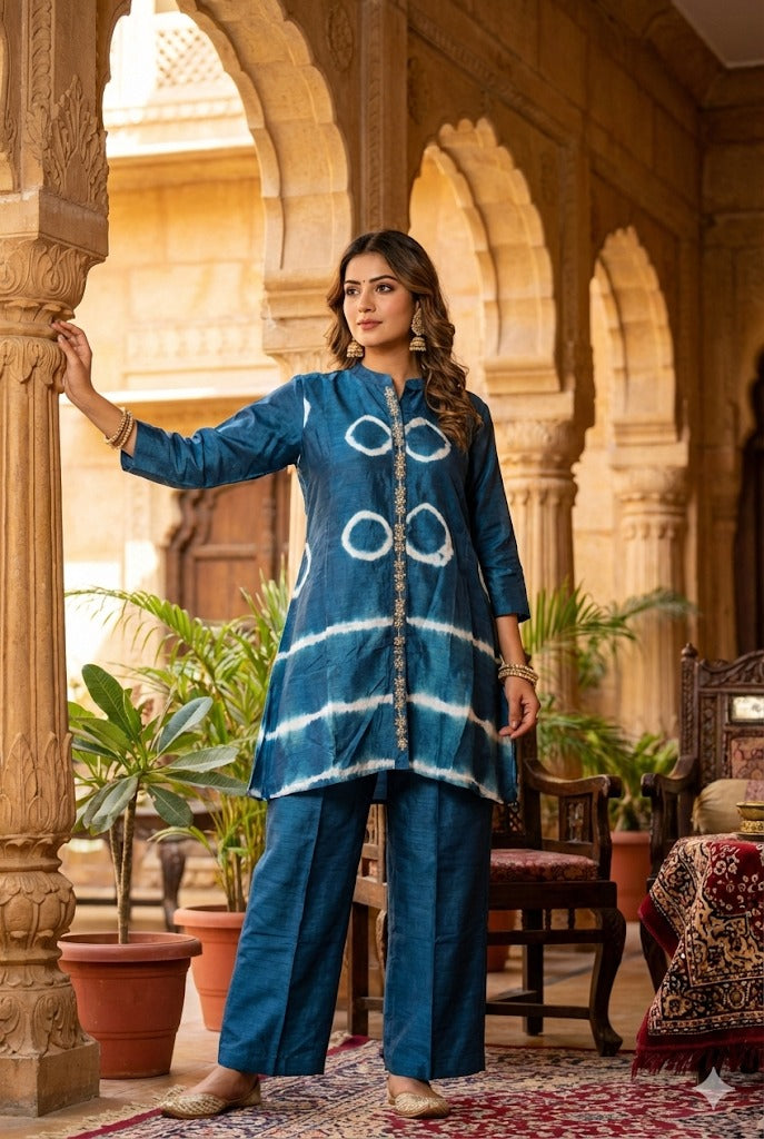 Deep Indigo Dola Silk Co-ord Set with White Embroidery & Wide-Leg Pants