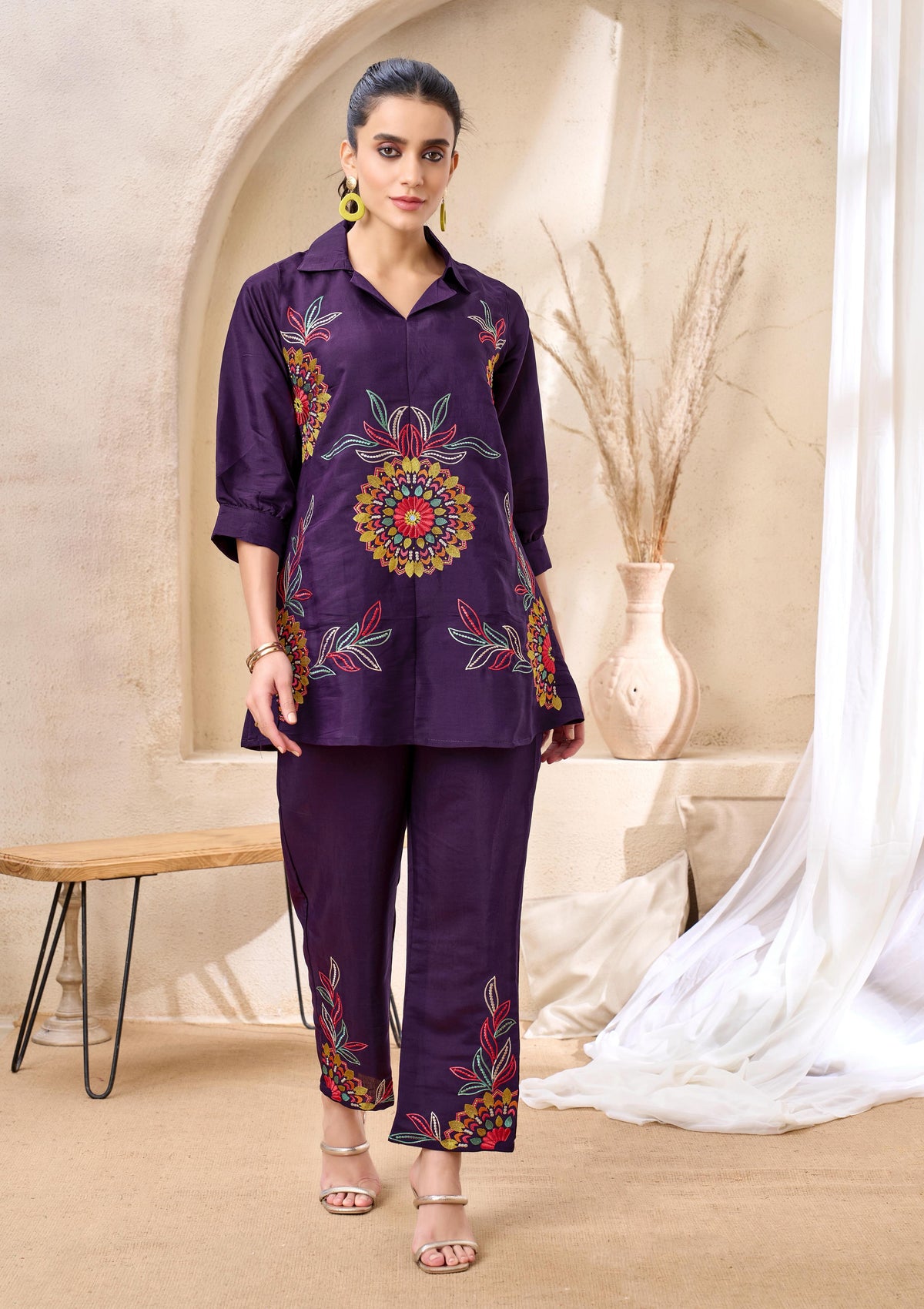 Deep Purple Multi colour Embroidered Roman Silk Co-ord Set