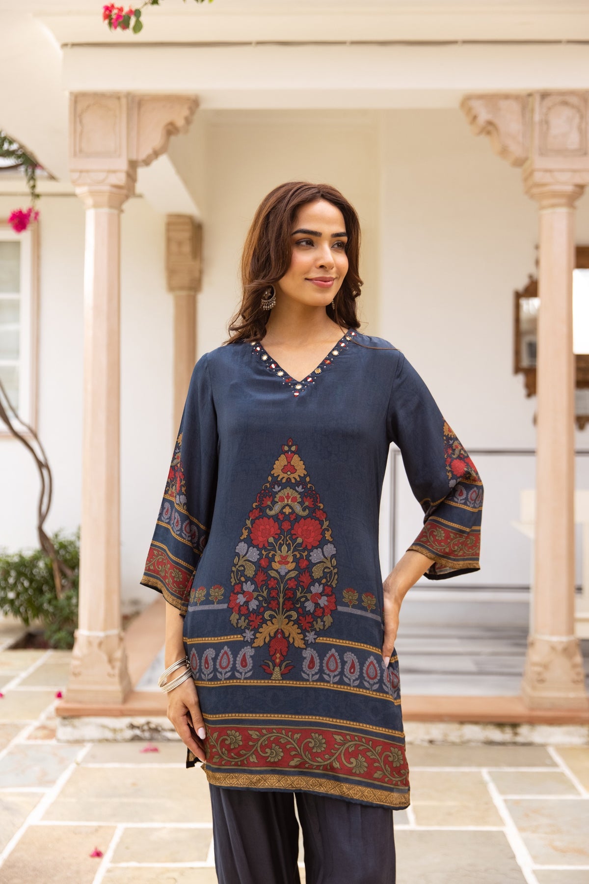 Navy Blue Printed Poly Crepe Farshi Co-ord Set with Multicolor Ethnic Motifs