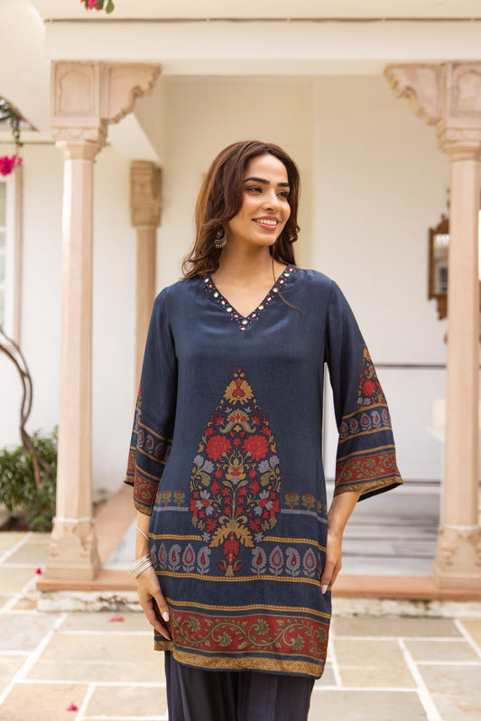 Navy Blue Printed Poly Crepe Farshi Co-ord Set with Multicolor Ethnic Motifs