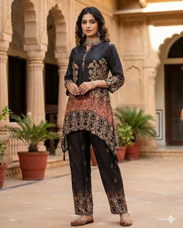 Black Mal Chanderi Cotton Co-ord Set with Maroon & Gold Floral Print