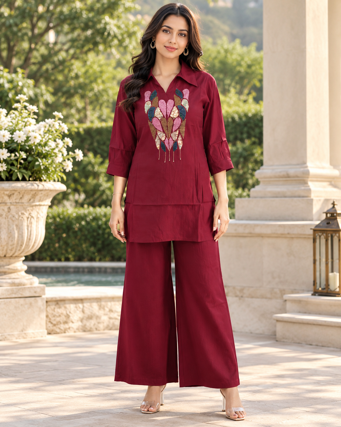Maroon Multicoloured Embellished Roman Silk Co-ord Set