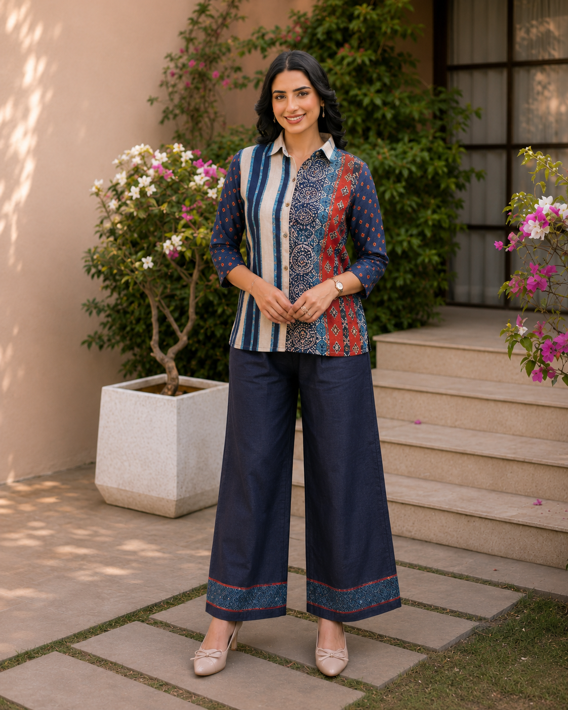 Indigo Blue Indo-Western Printed Poly Crepe Co-ord Set