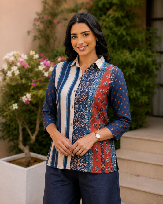 Indigo Blue Indo-Western Printed Poly Crepe Co-ord Set