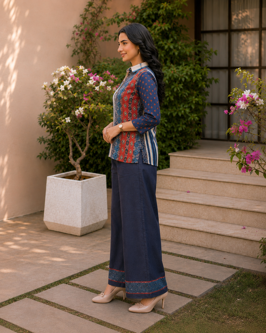 Indigo Blue Indo-Western Printed Poly Crepe Co-ord Set