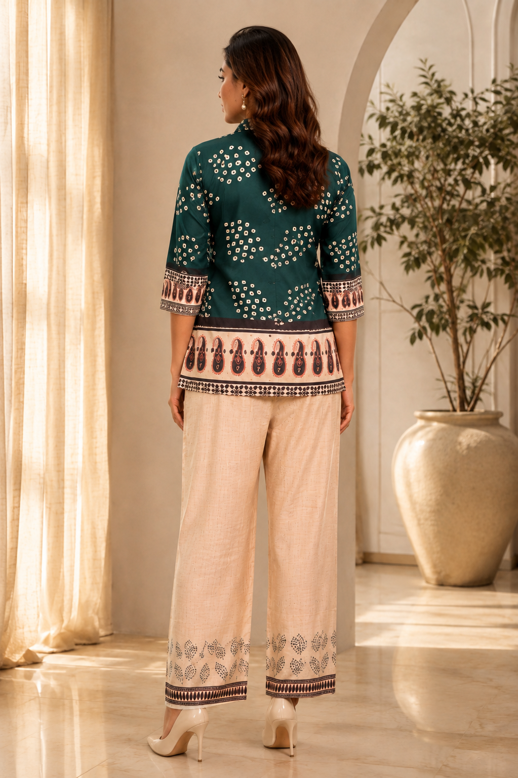 Bottle Green Indo-Western Printed Poly Crepe Co-ord Set