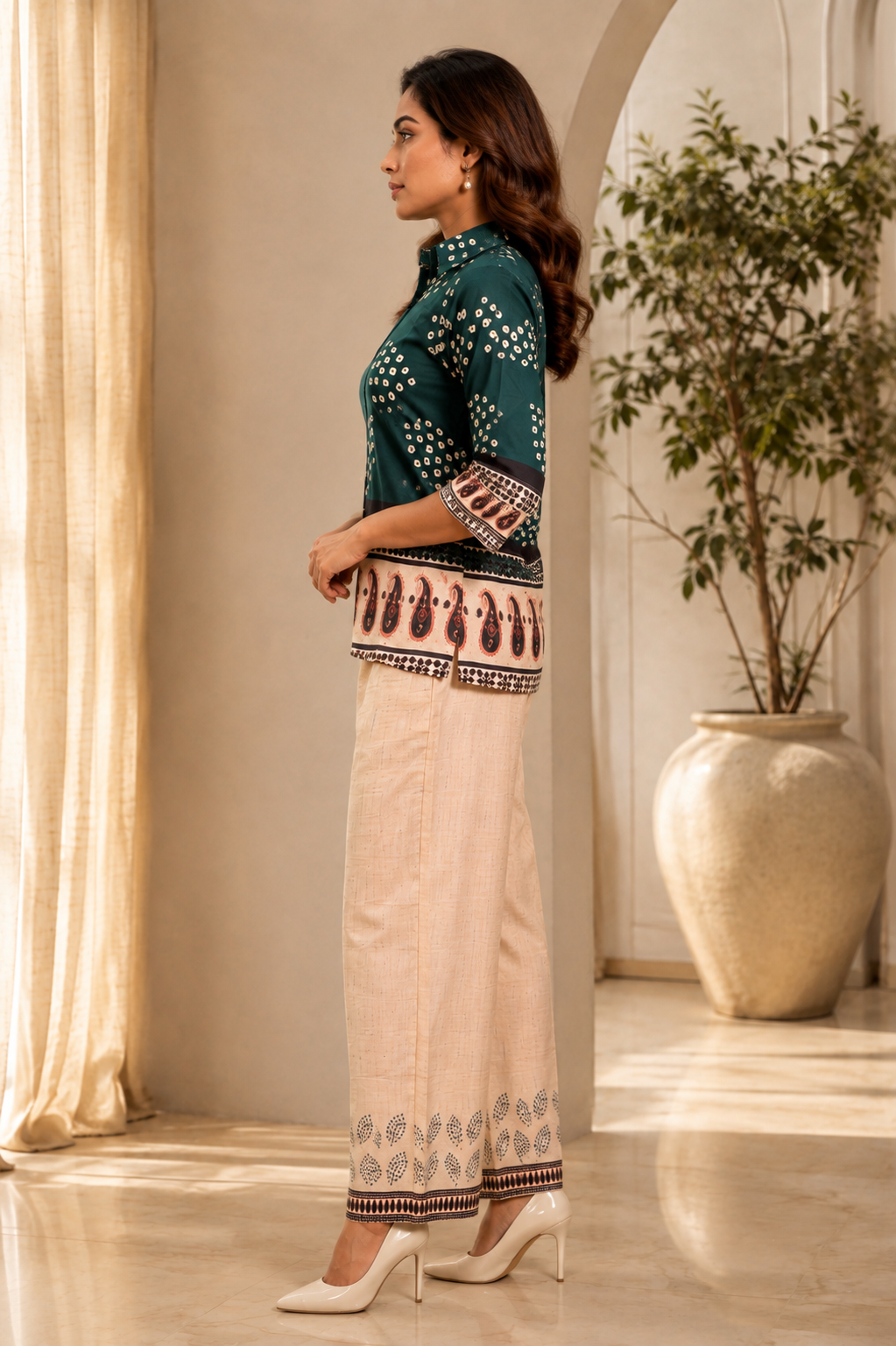 Bottle Green Indo-Western Printed Poly Crepe Co-ord Set