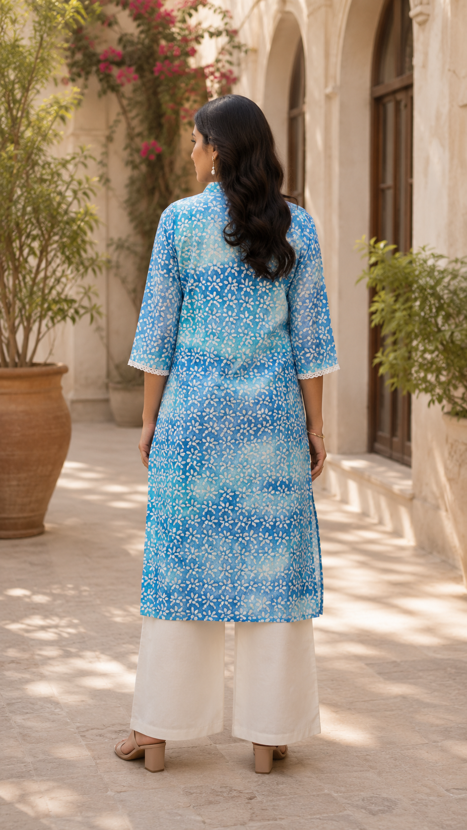 Sky Blue Cotton Organza Co-ord Set with White Floral Print