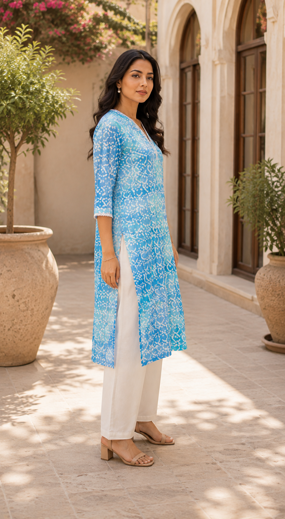 Sky Blue Cotton Organza Co-ord Set with White Floral Print