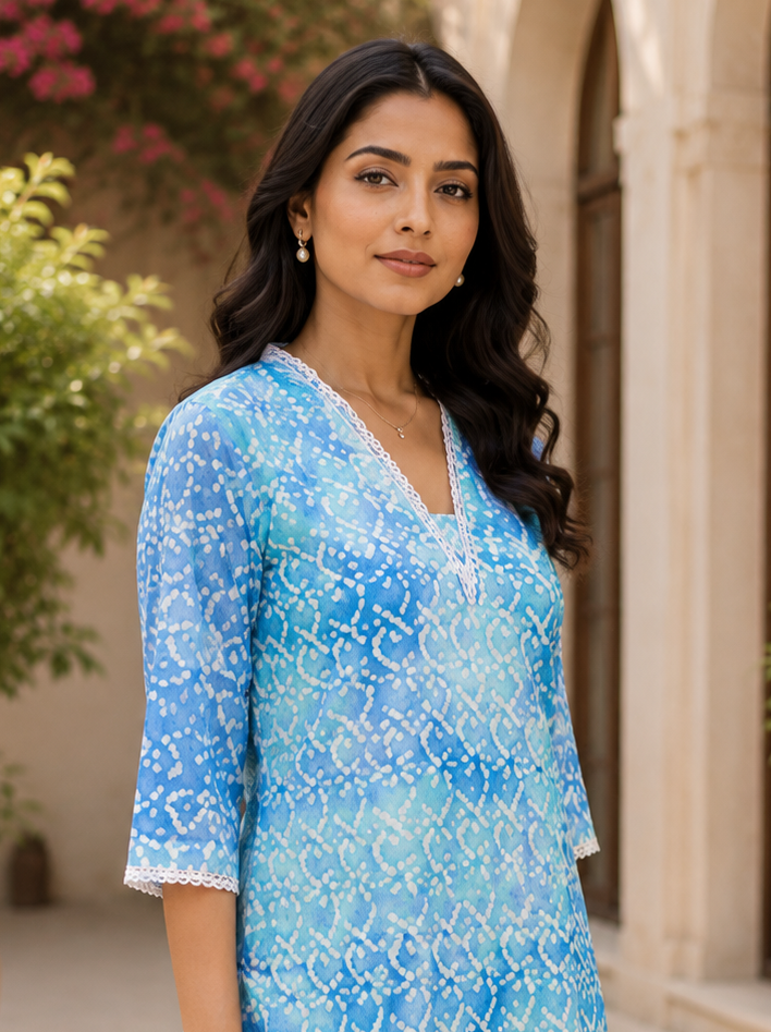 Sky Blue Cotton Organza Co-ord Set with White Floral Print