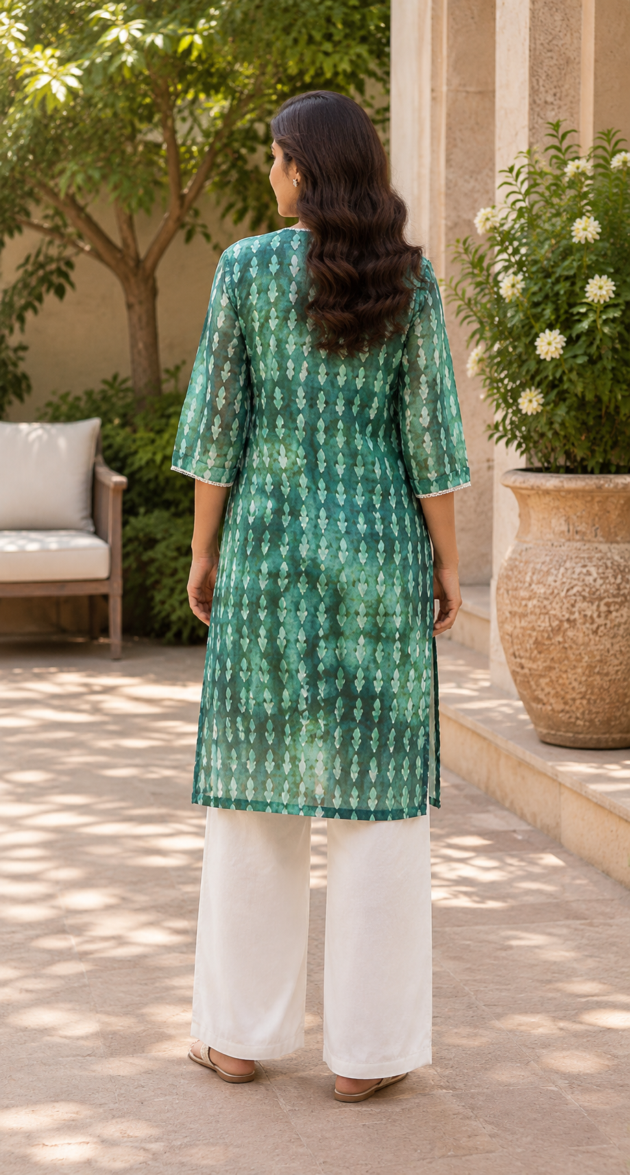 Teal Green Cotton Organza Co-ord Set with White Floral Print