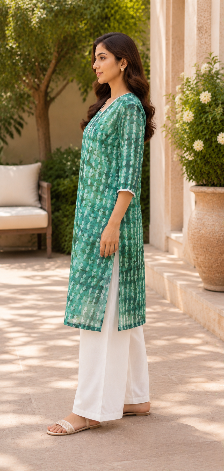 Teal Green Cotton Organza Co-ord Set with White Floral Print
