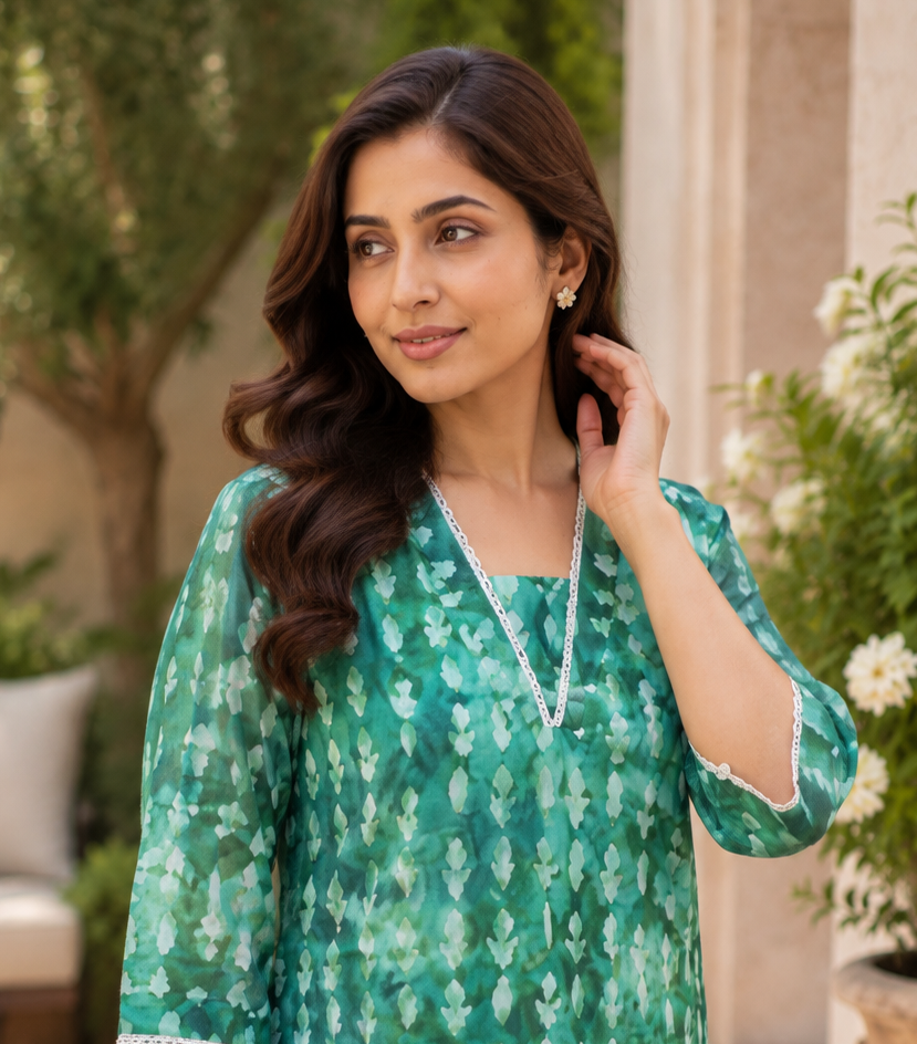 Teal Green Cotton Organza Co-ord Set with White Floral Print