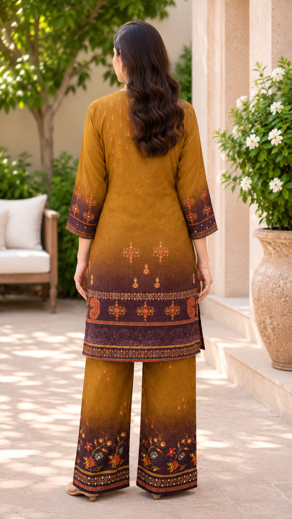 Mustard Yellow Chinon Silk Co-ord Set with Floral & Paisley Print