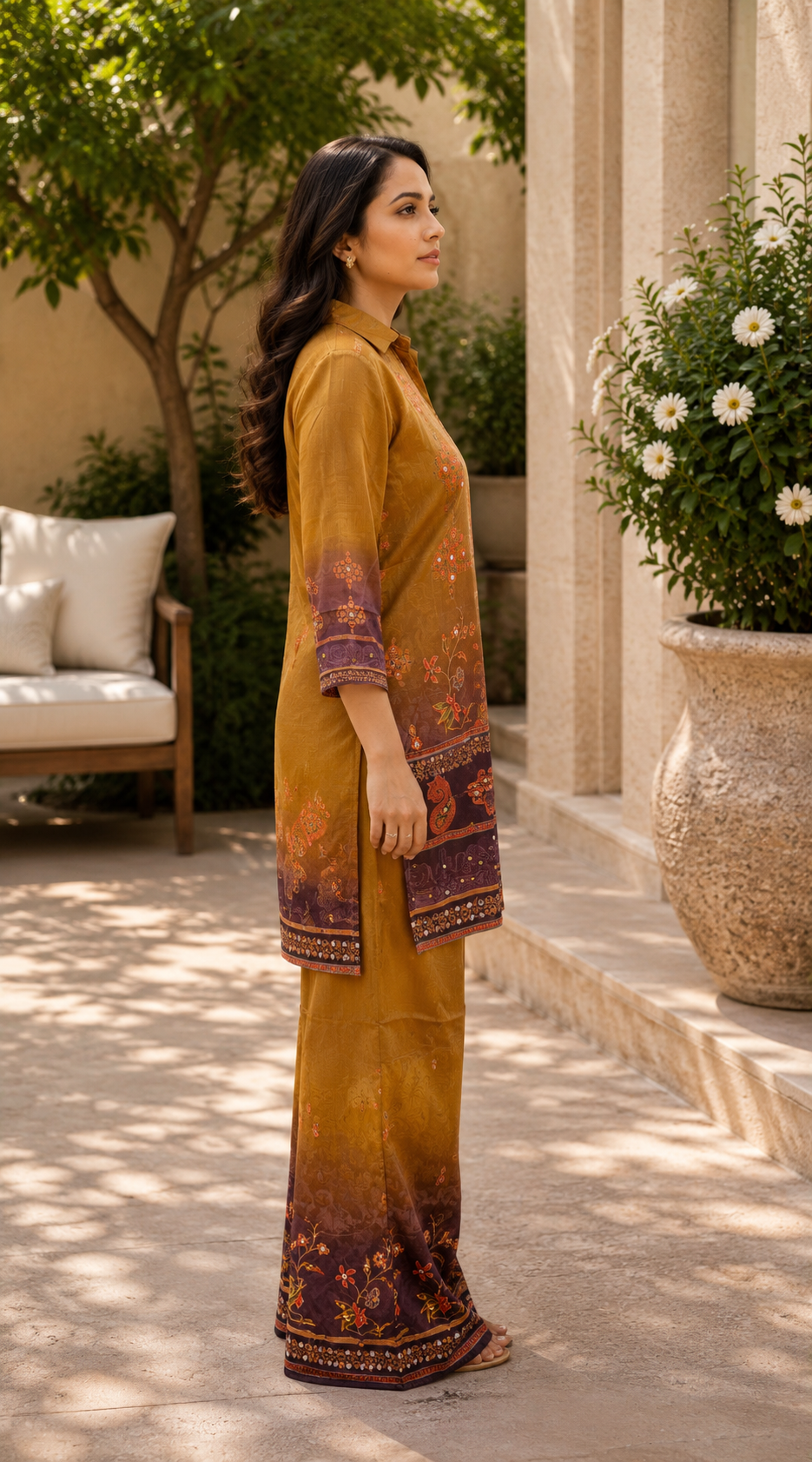 Mustard Yellow Chinon Silk Co-ord Set with Floral & Paisley Print