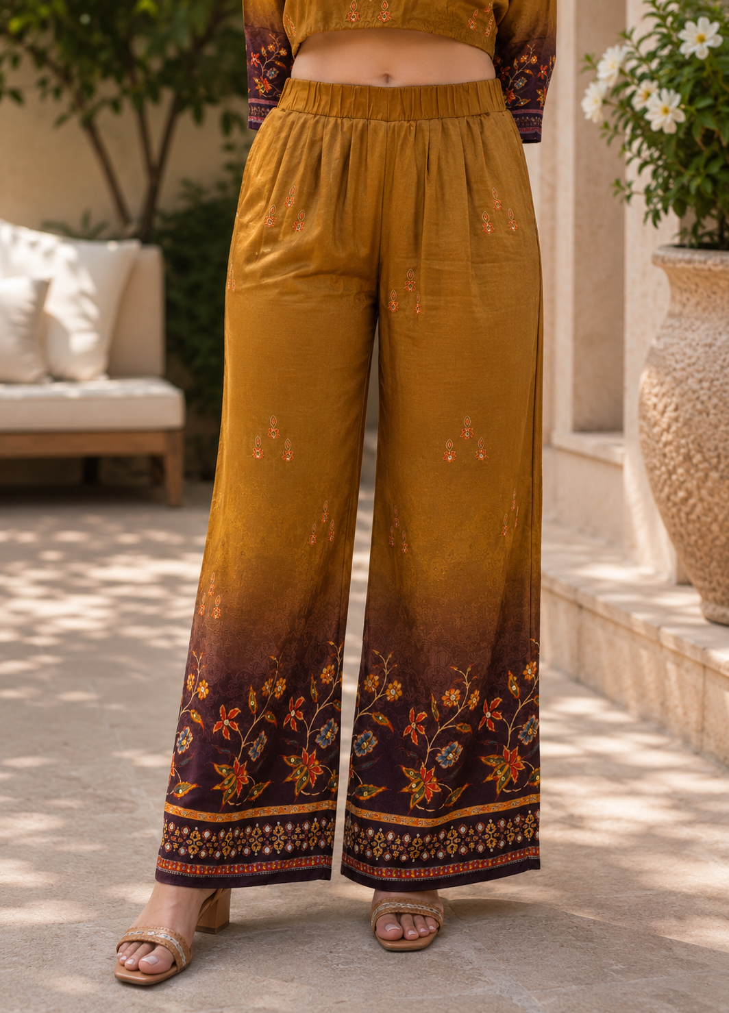 Mustard Yellow Chinon Silk Co-ord Set with Floral & Paisley Print