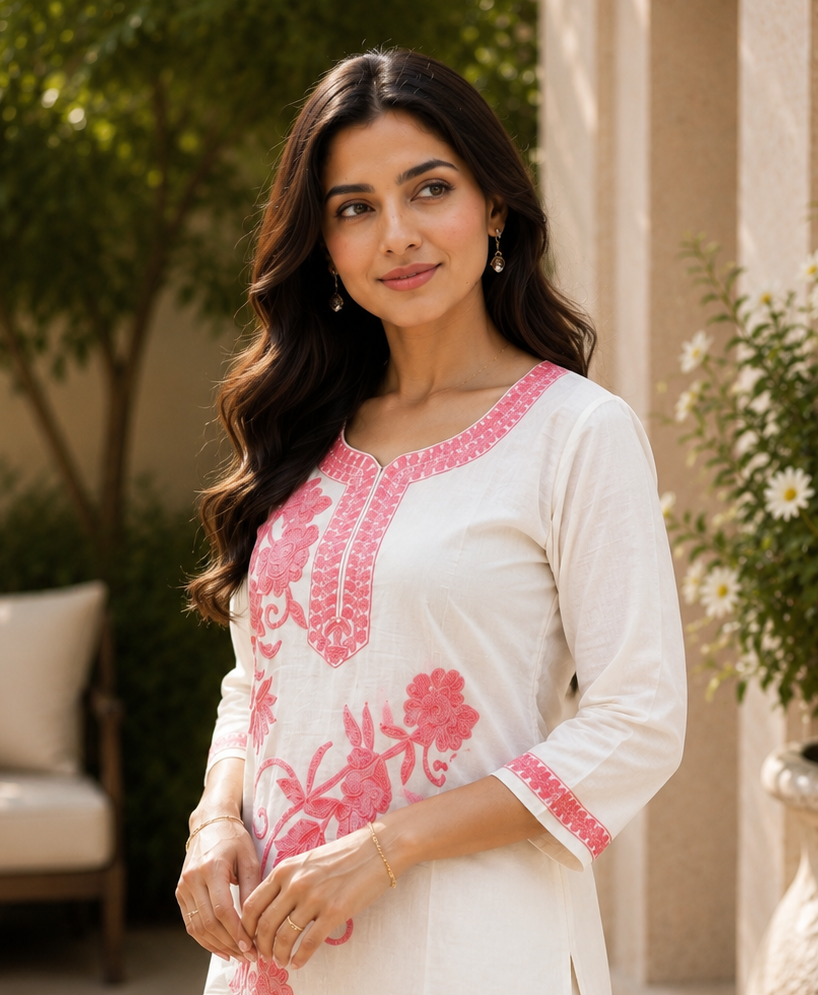 Off-White Khadi Cotton Co-ord Set with Coral Pink Embroidery