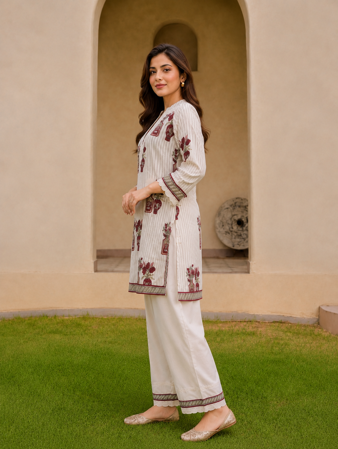 Elegant Ivory Co-ord Set with Burgundy & Olive Floral Print