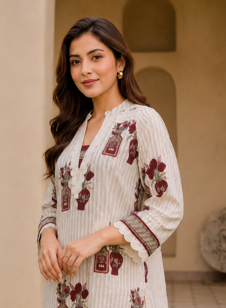 Elegant Ivory Co-ord Set with Burgundy & Olive Floral Print