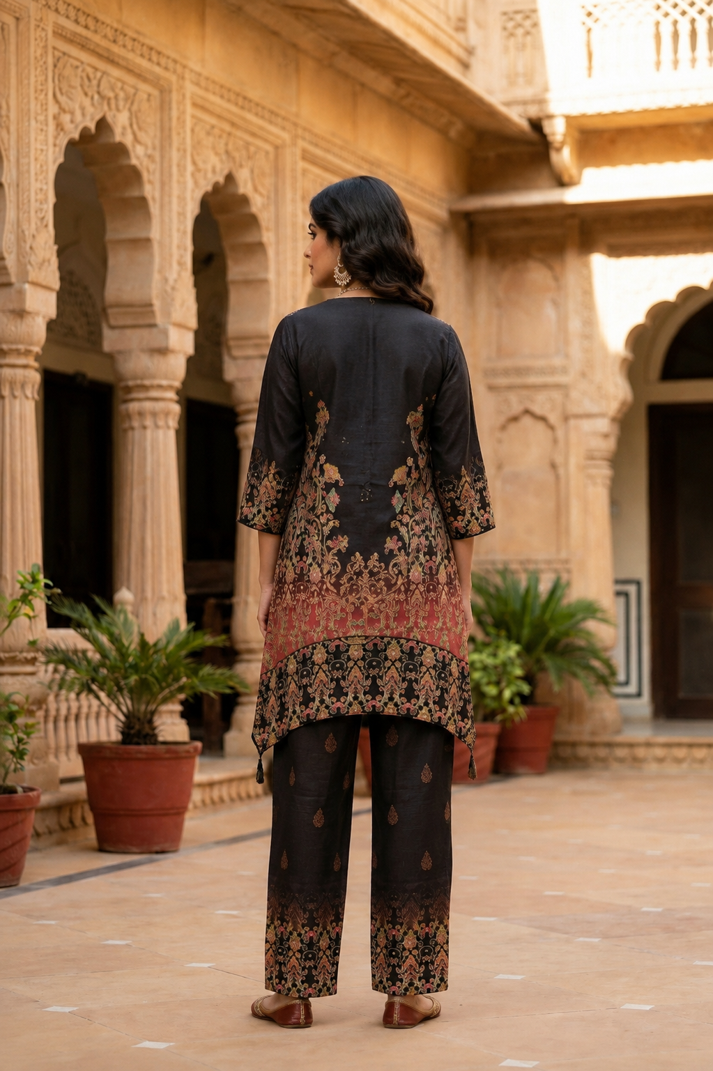 Black Mal Chanderi Cotton Co-ord Set with Maroon & Gold Floral Print