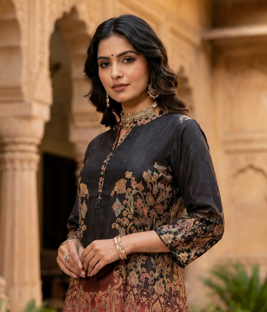Black Mal Chanderi Cotton Co-ord Set with Maroon & Gold Floral Print