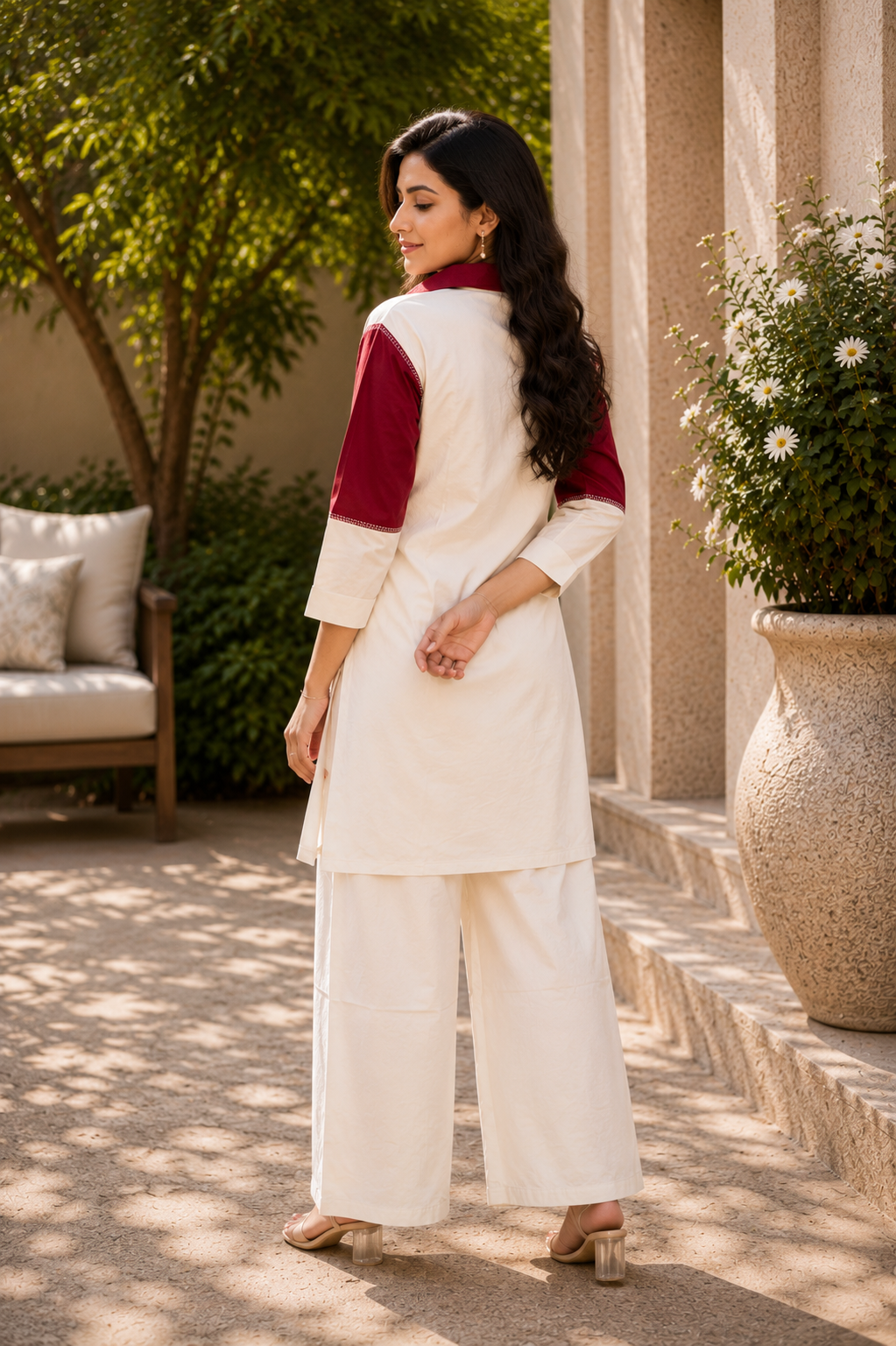 Maroon & Ivory Khadi Cotton Shirt-Style Co-ord Set