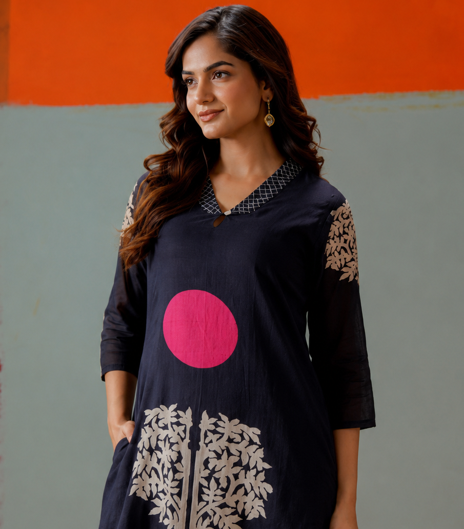 Black Mal Cotton Co-ord Set with Pink & Beige Botanical Print