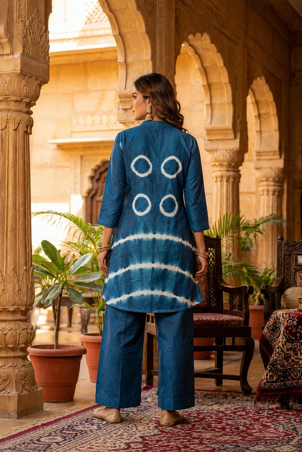 Deep Indigo Dola Silk Co-ord Set with White Embroidery & Wide-Leg Pants