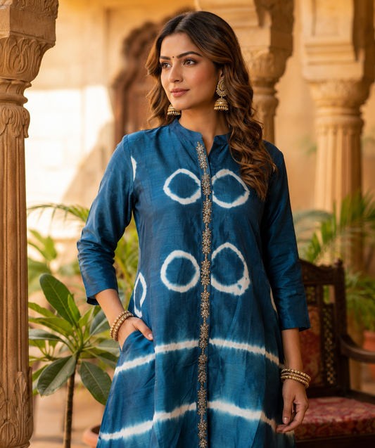 Deep Indigo Dola Silk Co-ord Set with White Embroidery & Wide-Leg Pants