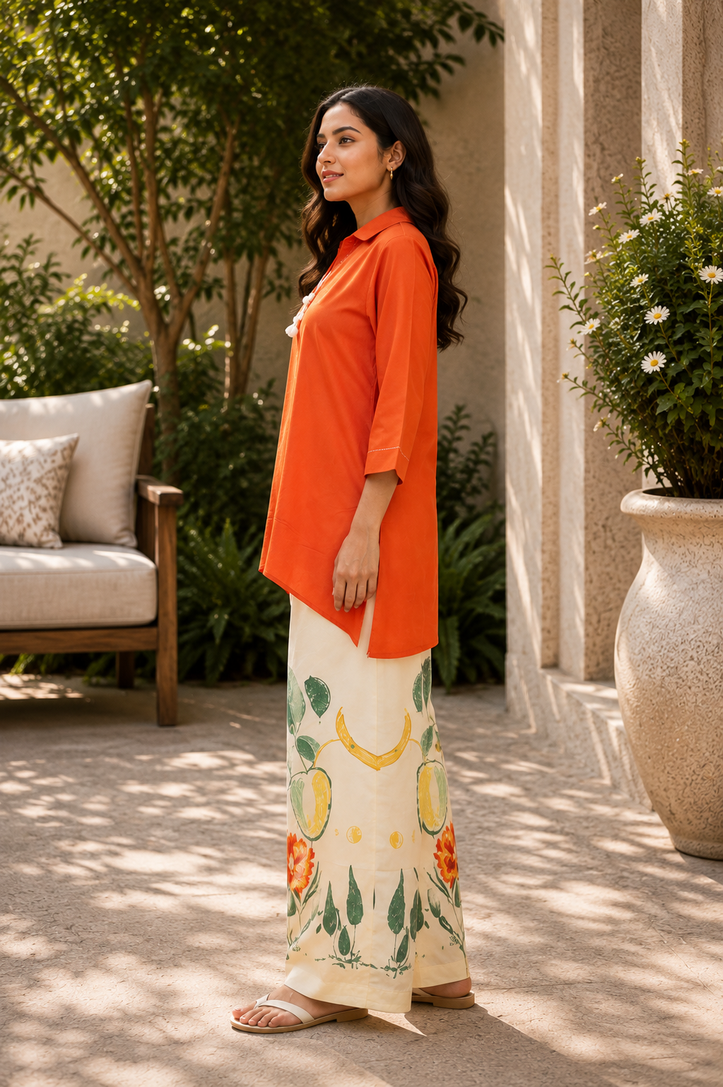 Tangerine Vertican Tunic Set with Ivory Printed Palazzo