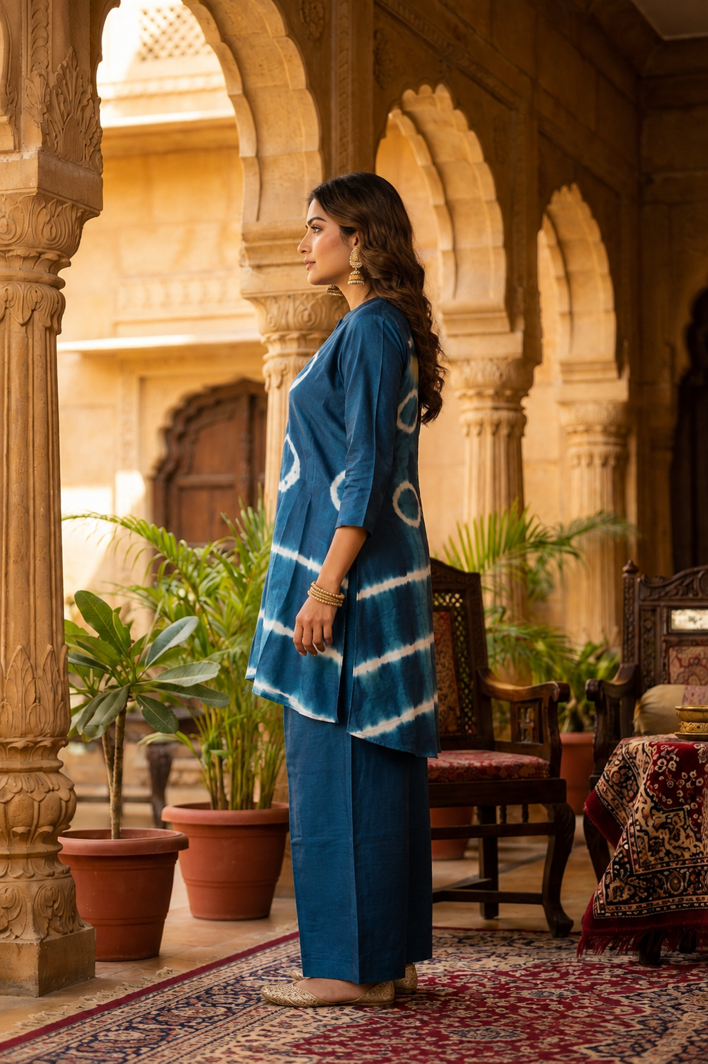 Deep Indigo Dola Silk Co-ord Set with White Embroidery & Wide-Leg Pants