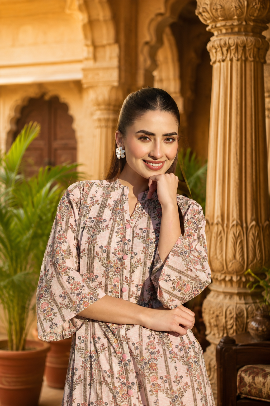 Blush Pink Mal Cotton Co-ord Set with Multicolor Floral Print