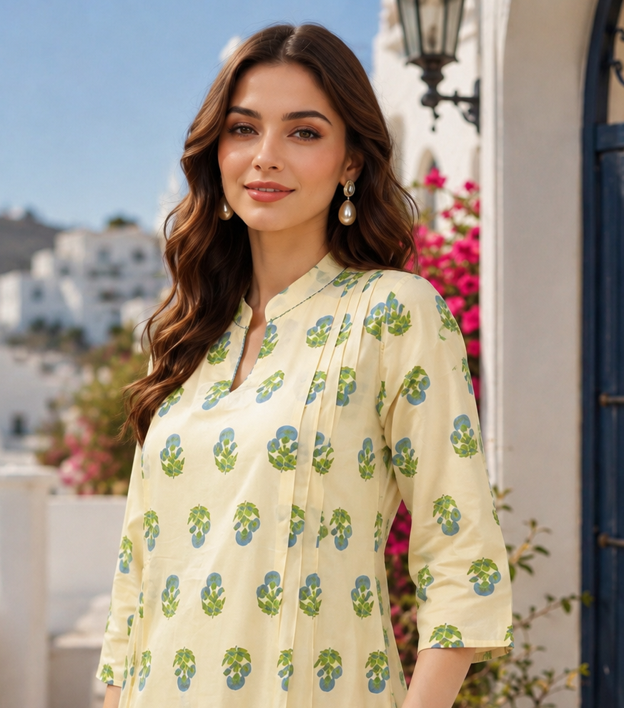 Soft Cream Natural Cotton Co-ord Set with Green & Blue Floral Print