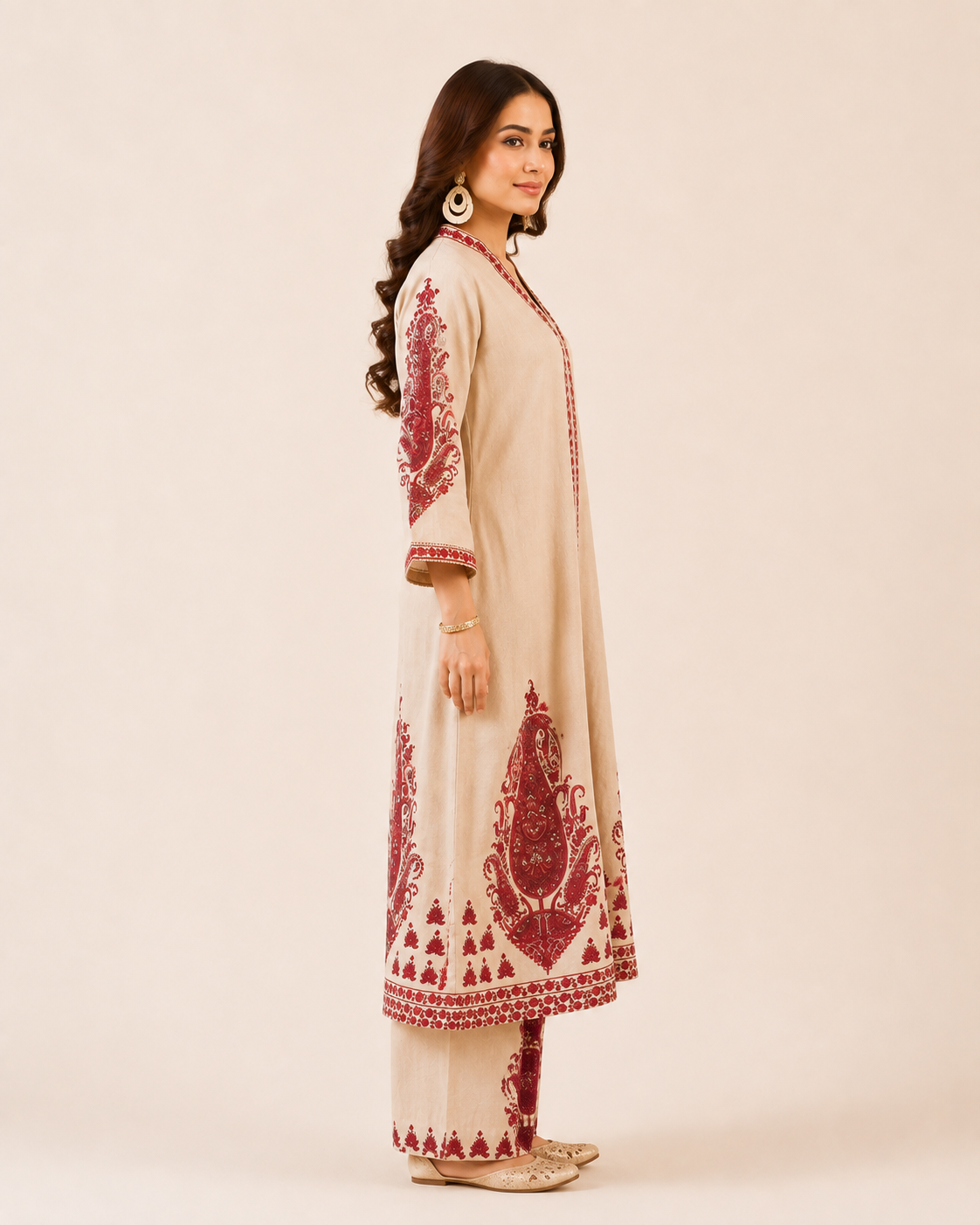 Ivory Traditional Printed Khadi Cotton Co-ord Set