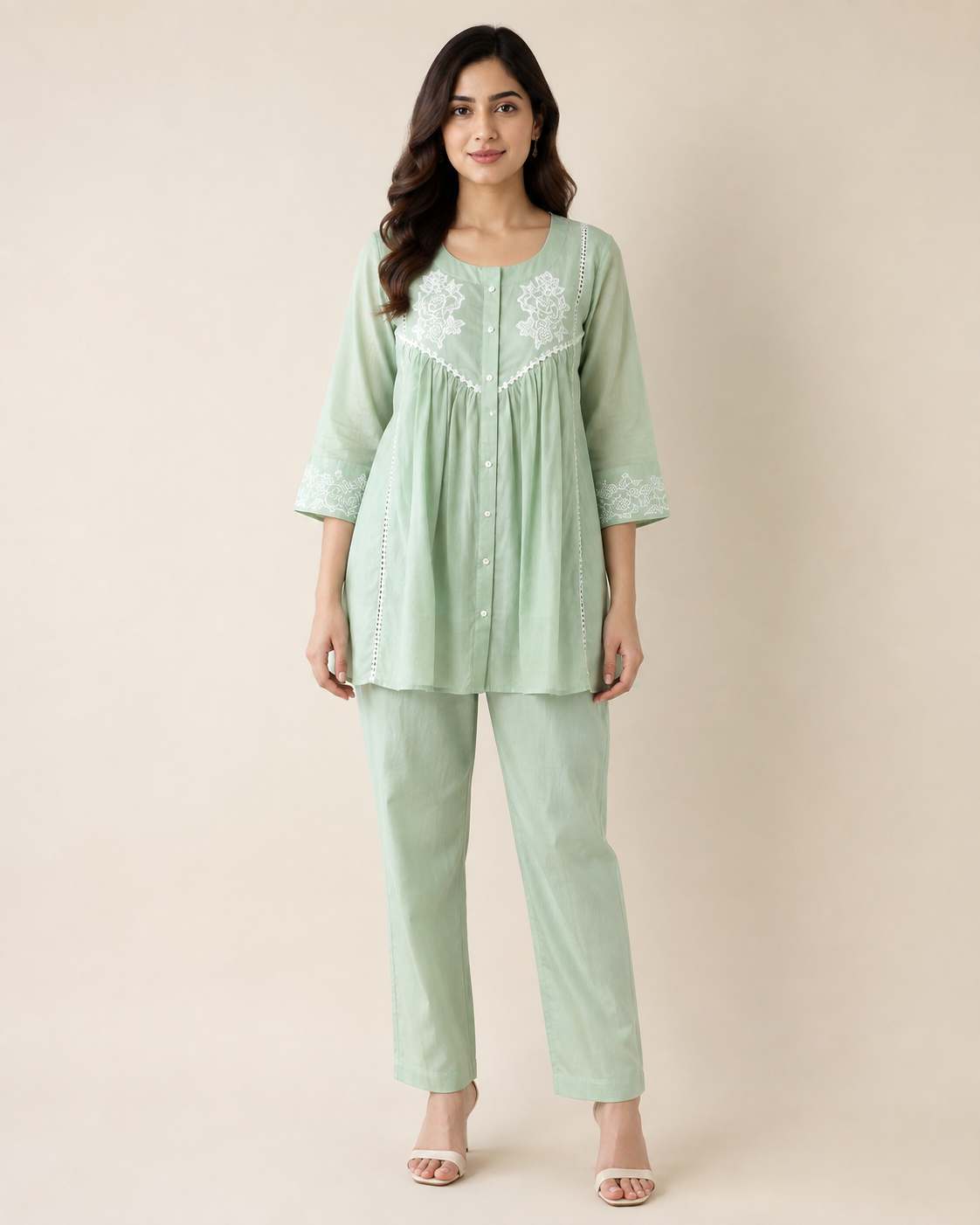 Pastel Mint Green Floral Embroidered Mal Cotton Co-ord Set