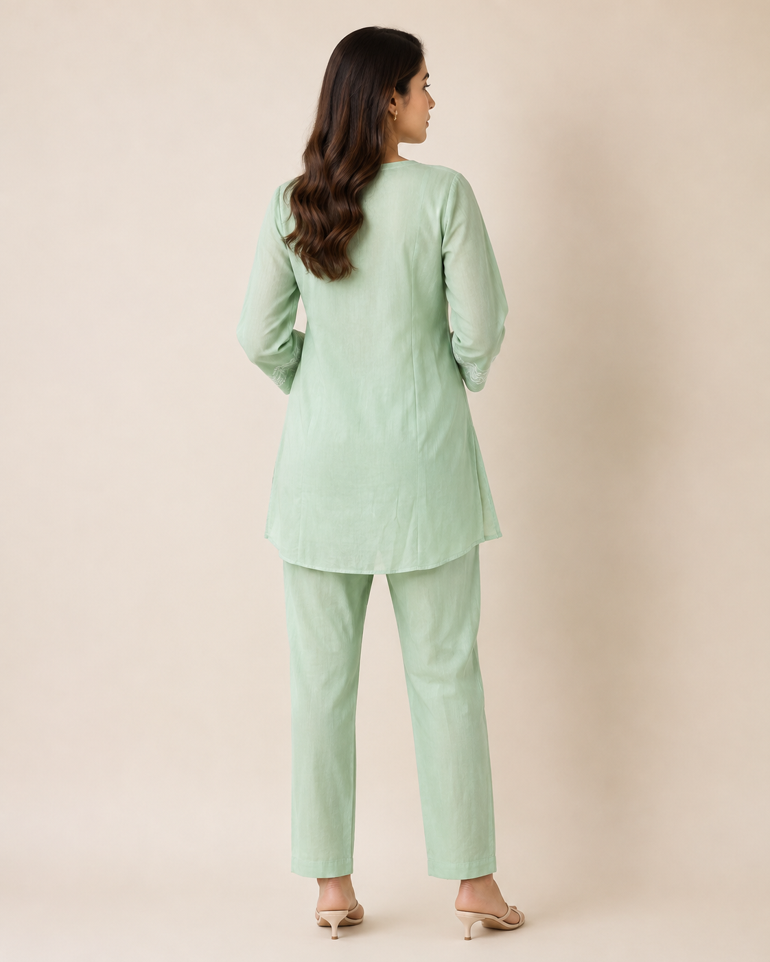 Pastel Mint Green Floral Embroidered Mal Cotton Co-ord Set